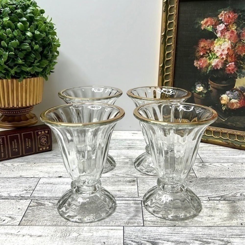Libbey Vintage Gold Rim Pressed Glass Ice Cream Sundae Set of 4
